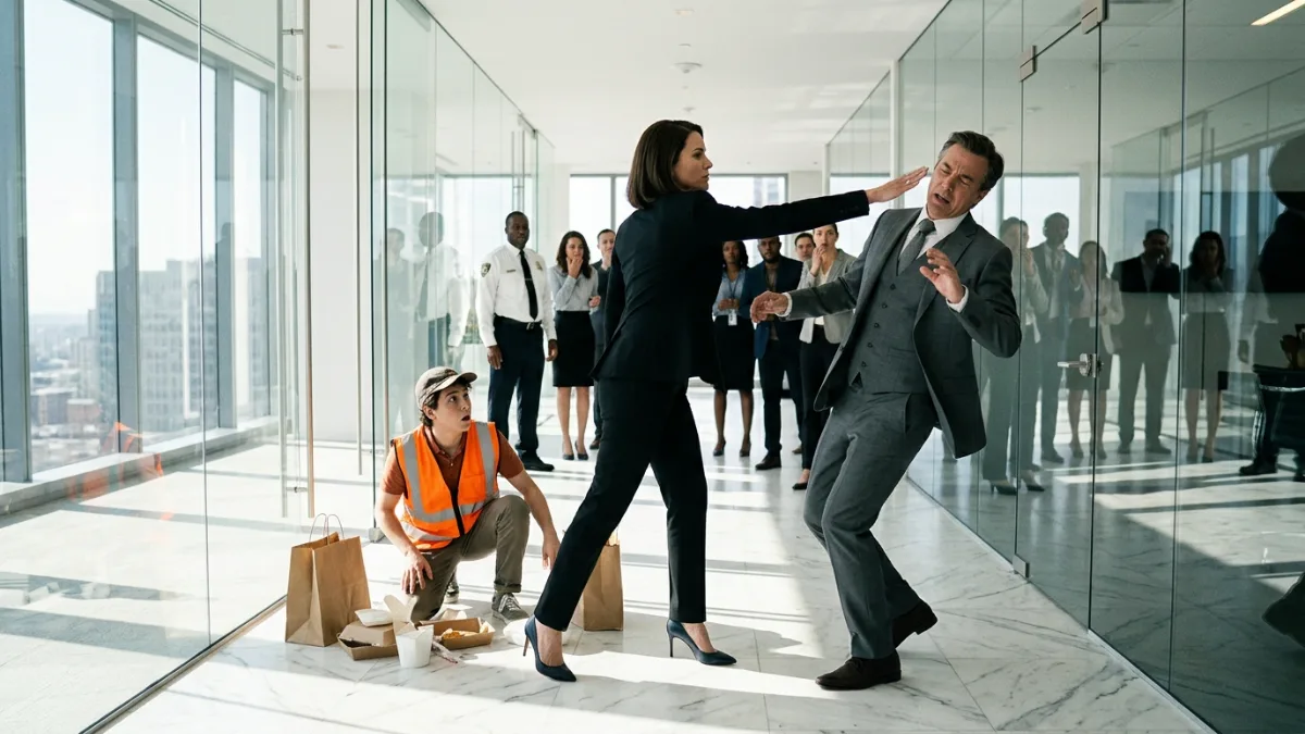 Arrogant Executive Attacks Delivery Girl In Corporate Hallway