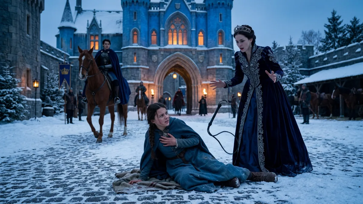Cruel Duchess Attacks Servant Girl In Snowy Castle Courtyard