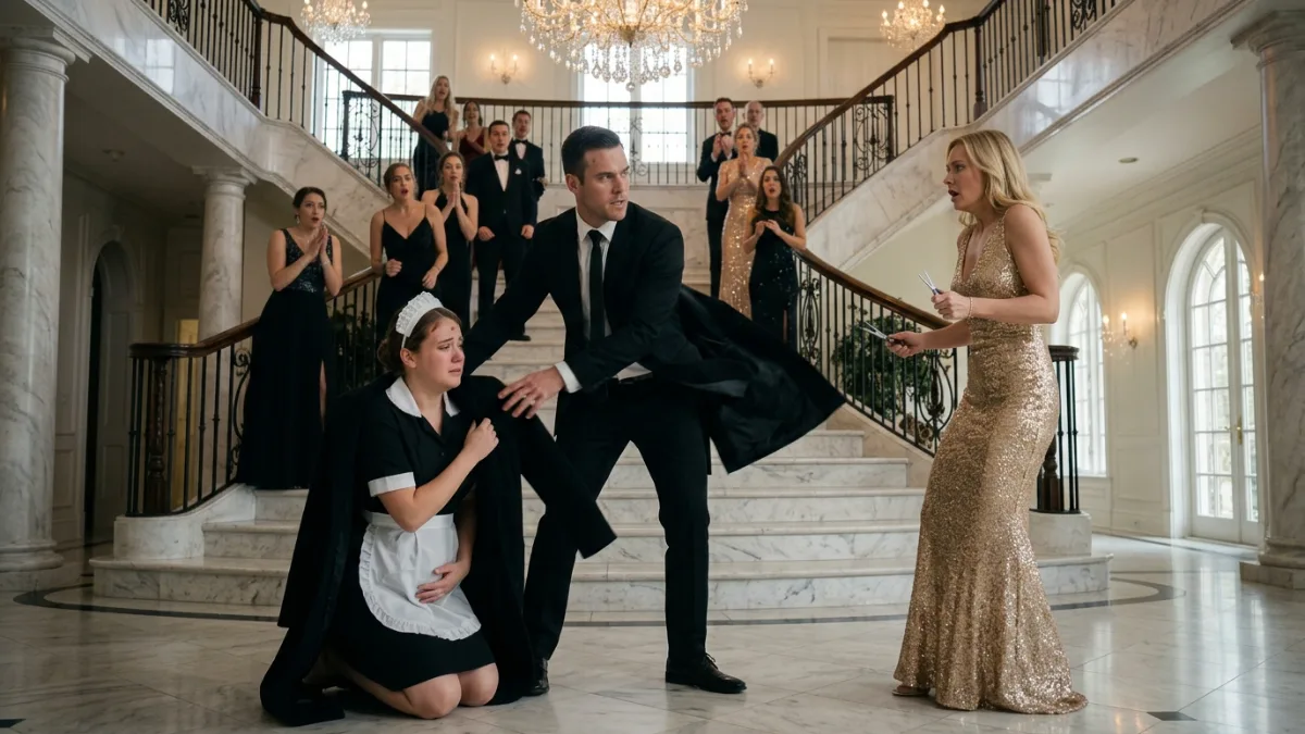 Cruel Heiress Humiliates Kneeling Maid On Grand Staircase